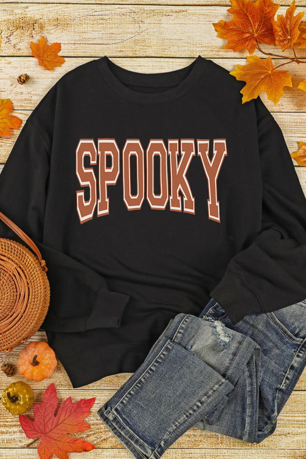 SPOOKY Round Neck Long Sleeve Sweatshirt - felvior