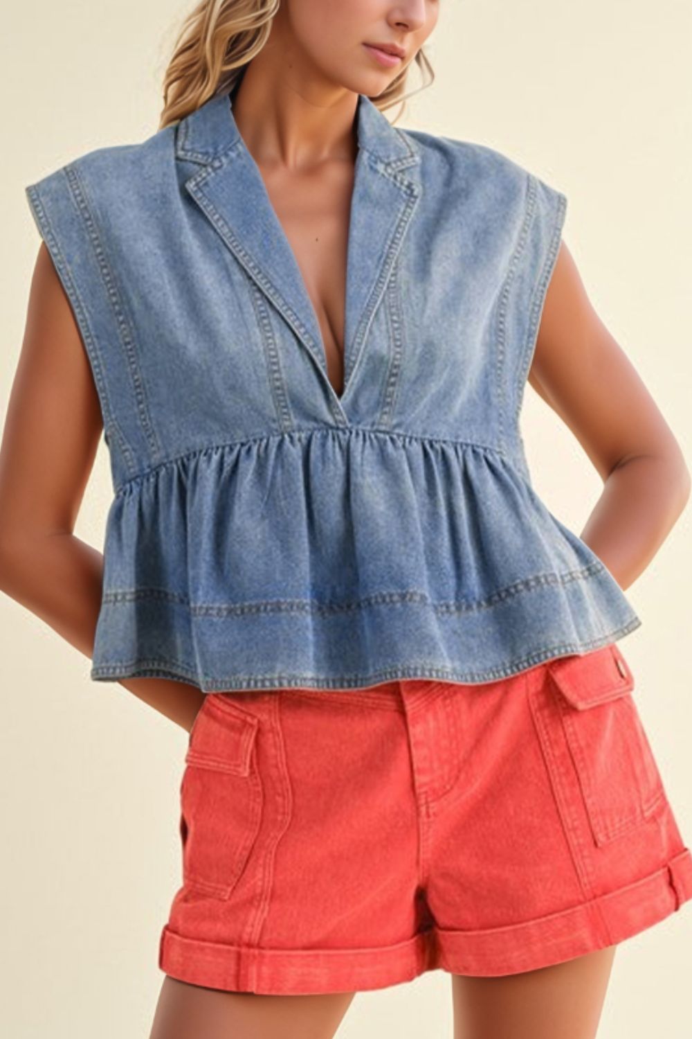 Lapel Collar Peplum Denim Top - felvior
