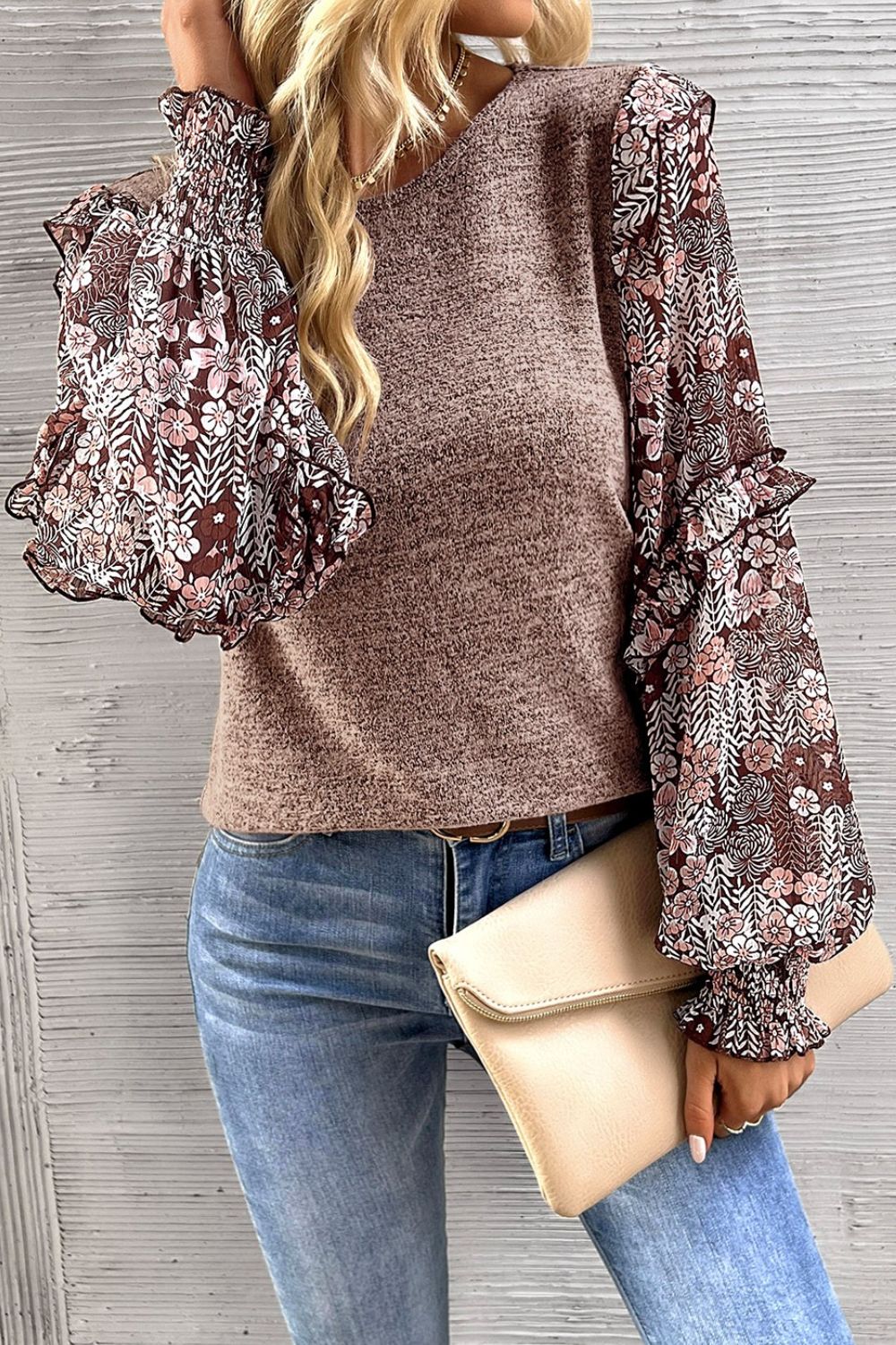 Heathered Floral Frill Lantern Sleeve Blouse - felvior