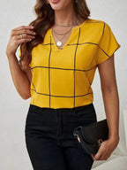 Plaid Contrast Notched Blouse