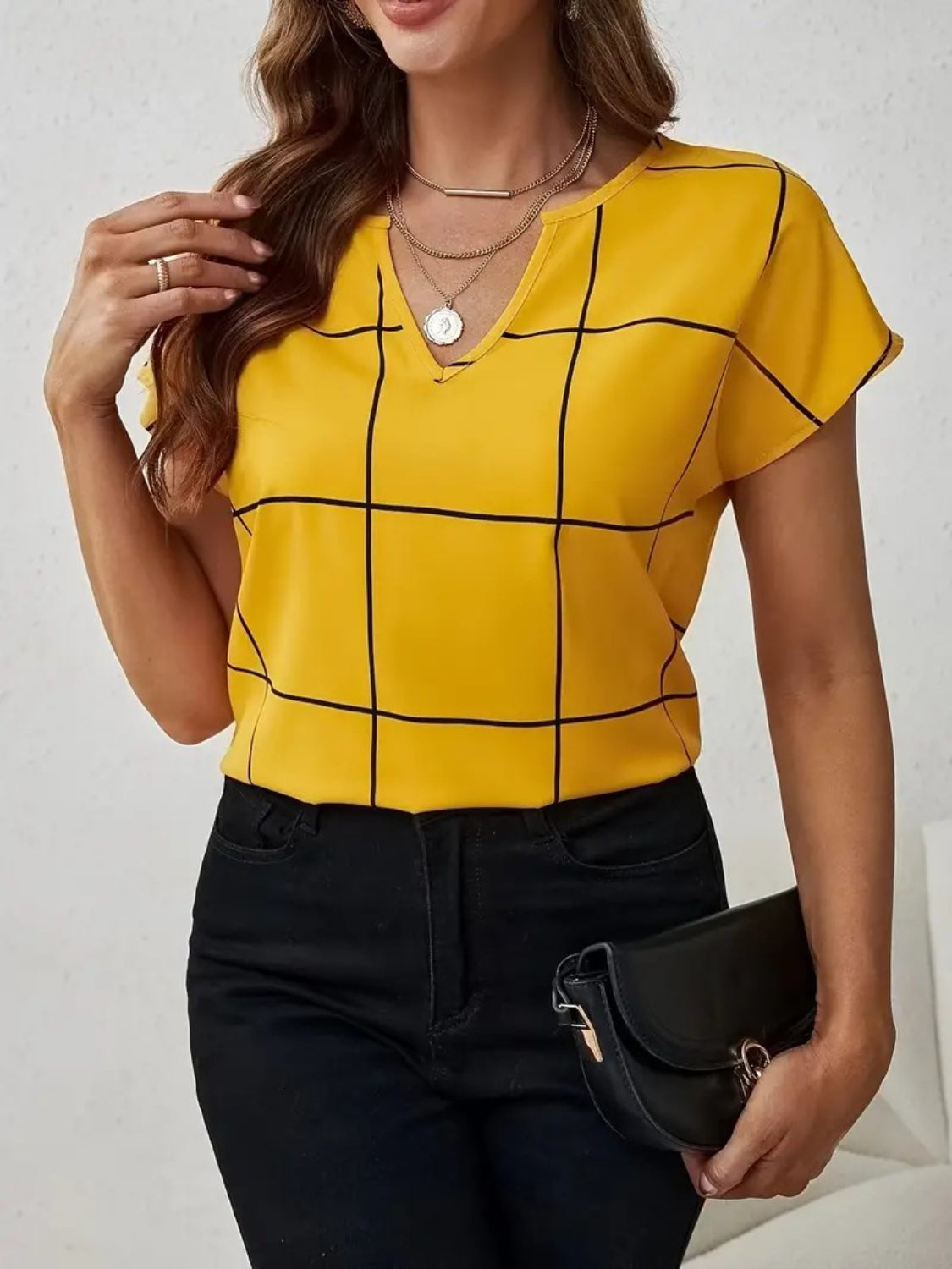 Plaid Contrast Notched Blouse