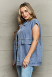 Collared Neck Sleeveless Denim Top with Pockets - felvior