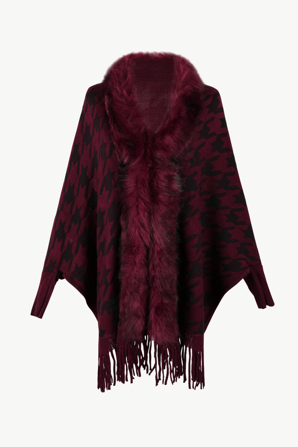 Houndstooth Fringe Hem Poncho - felvior