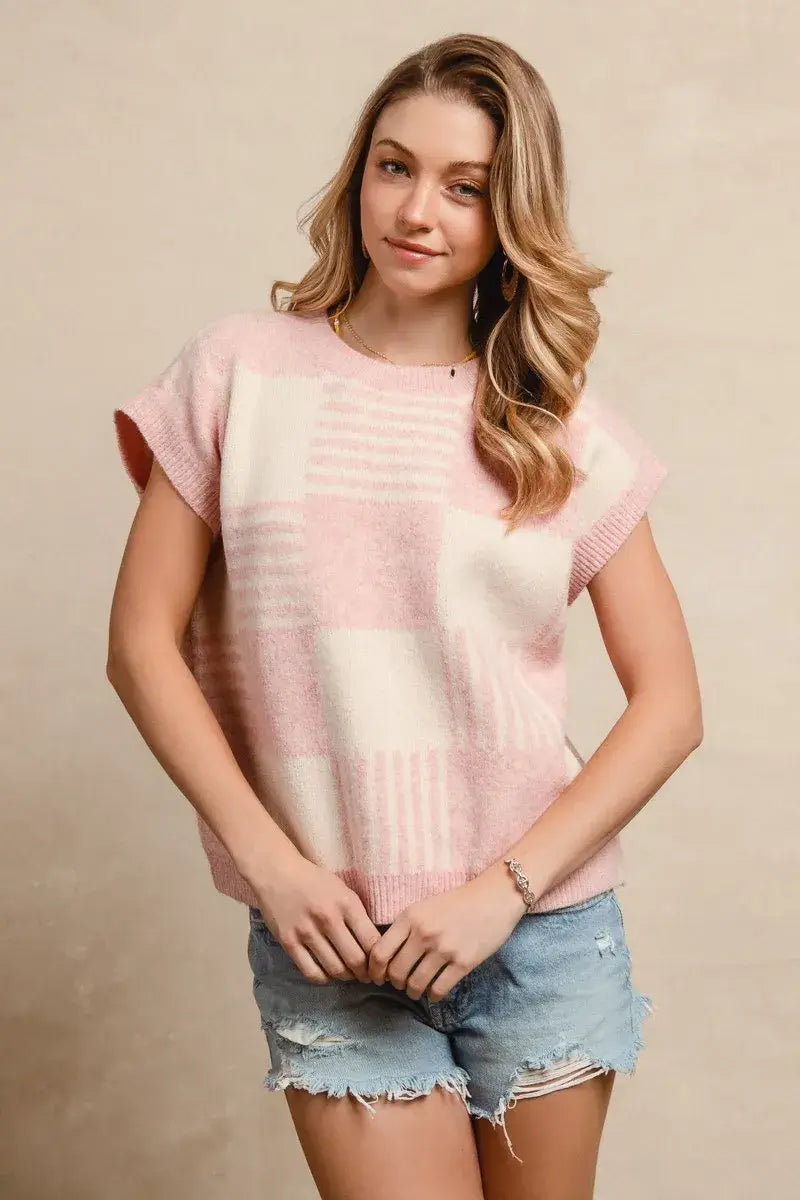 BiBi Checker With Stripes Pattern Sleeveless Sweater