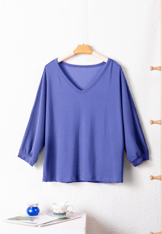 Texture V-Neck Long Sleeve Top - felvior