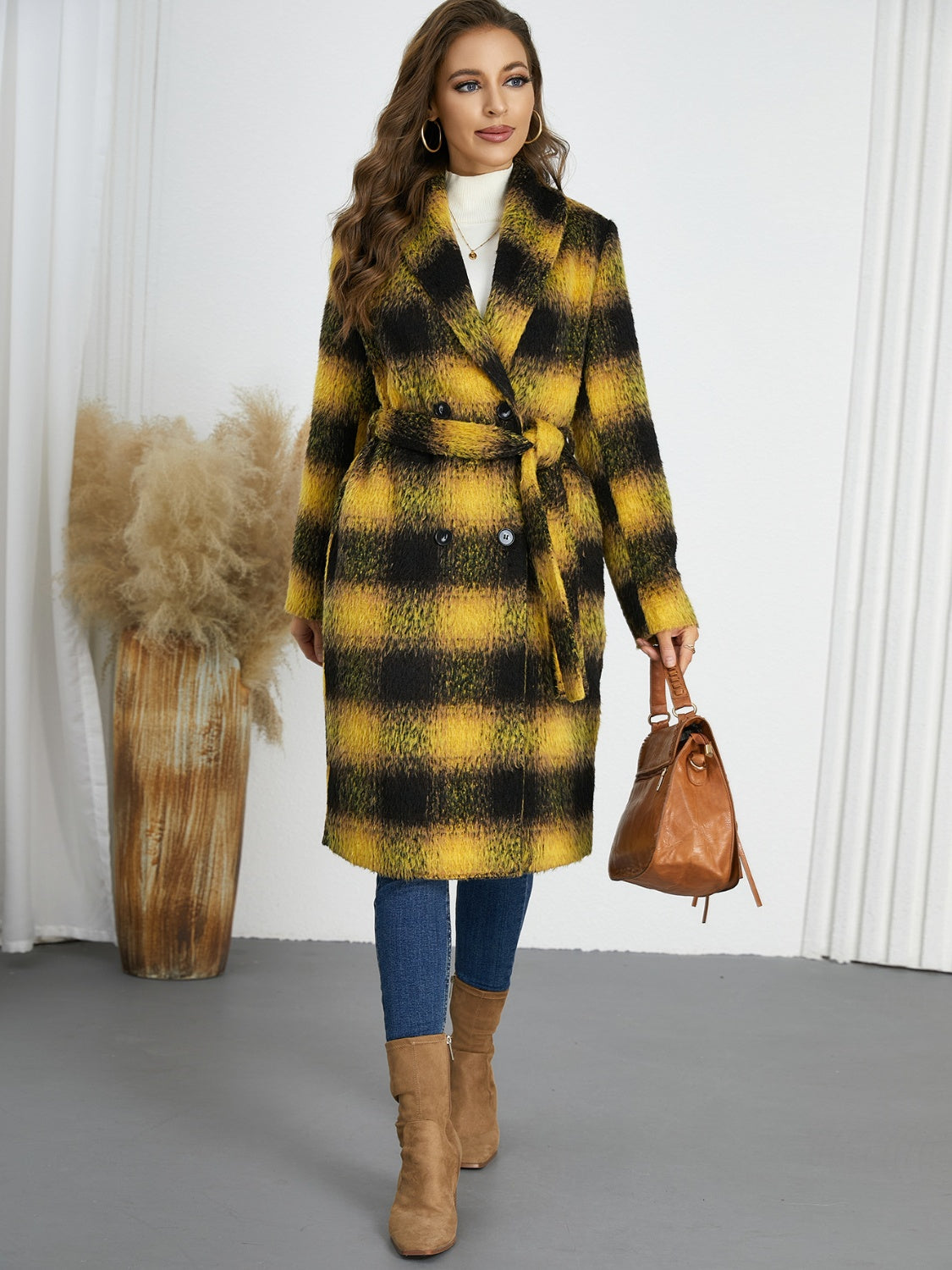 Plaid Tie Waist Long Sleeve Coat - felvior