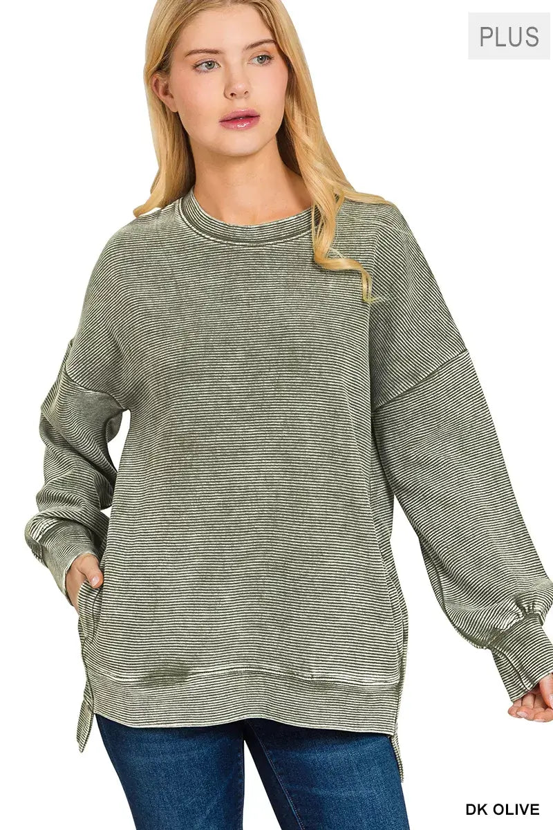 Zenana Full Size Acid Washed Double Ribbed Hi-low Sweatshirt Plus Size