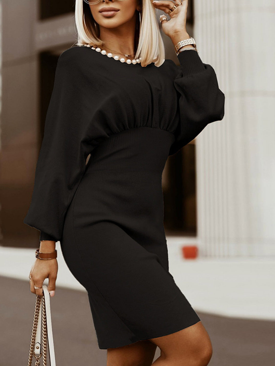 Round Neck Lantern Sleeve Dress - felvior