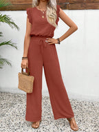 Lace Trim Round Neck Top and Pants Set