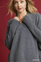 Umgee V-Neck Sweater with Wide Trim Detail