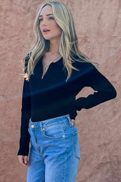 And The Why Full Size Johnny Collar Long Sleeve Ribbed Bodysuit - felvior