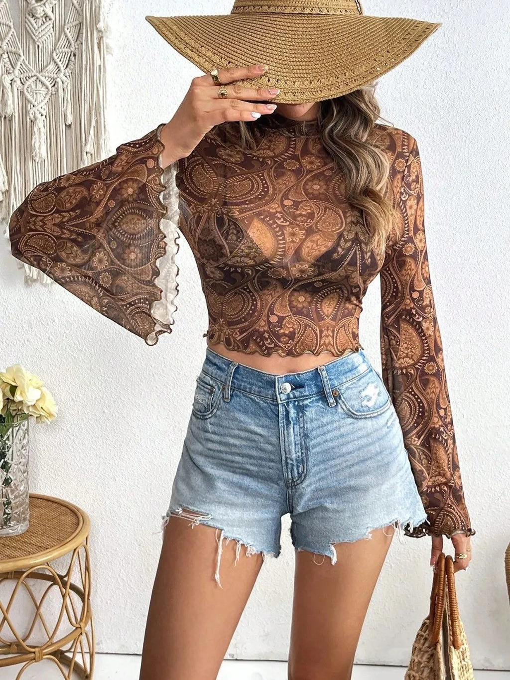 Printed Mock Neck Long Sleeve Cropped T-Shirt