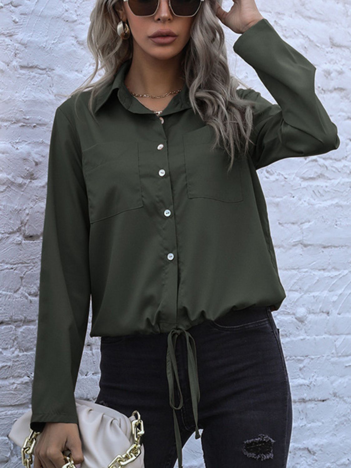 Perfee Tied Hem Button Down Long Sleeve Shirt - felvior