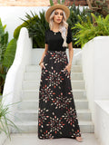 Printed Round Neck Short Sleeve Maxi Dress - felvior
