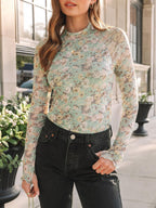 Floral Mock Neck Long Sleeve T-Shirt