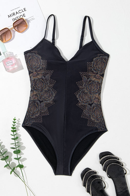 Embroidered V-Neck One-Piece Swimwear - felvior