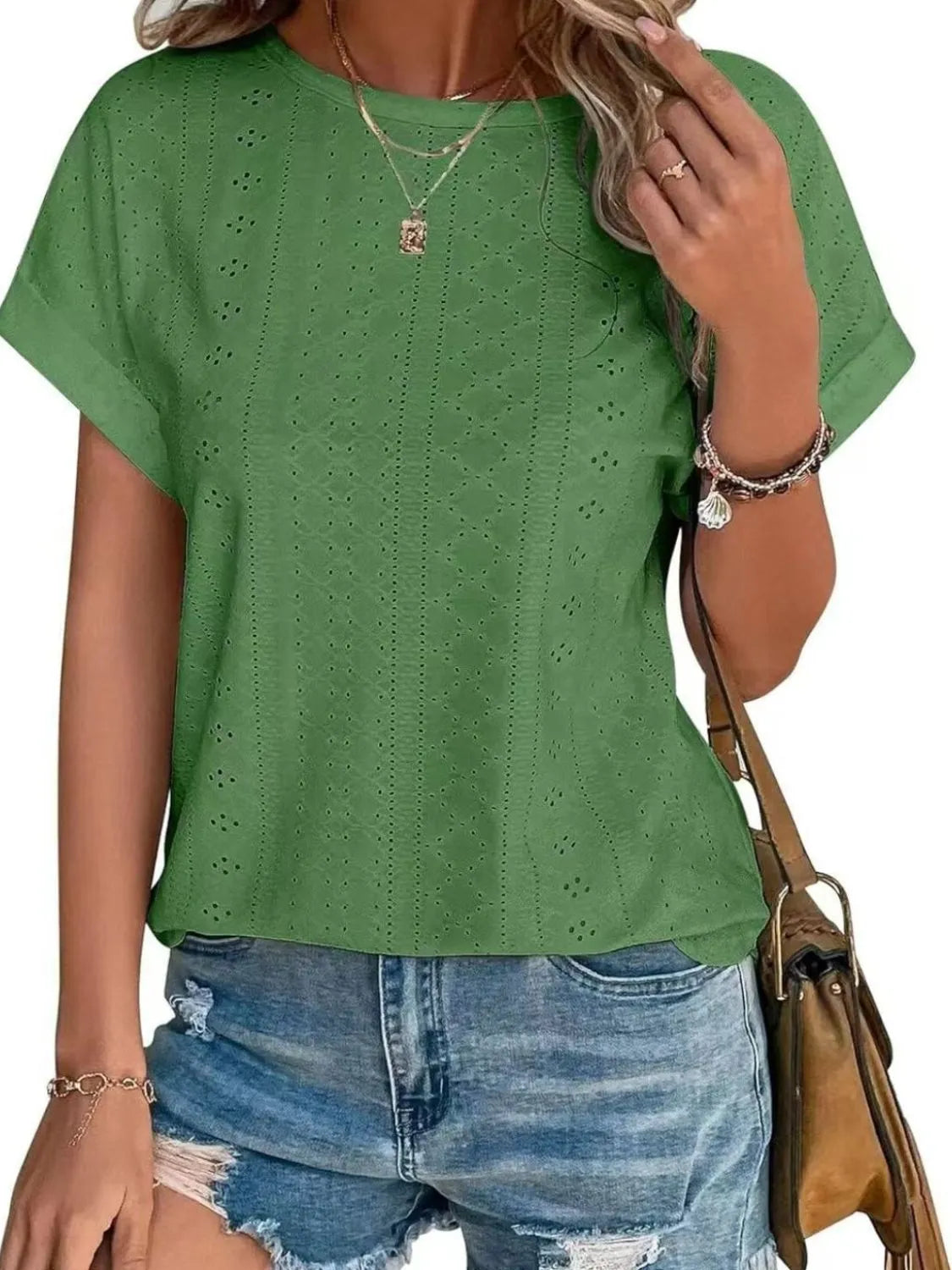 Eyelet Round Neck Short Sleeve Top
