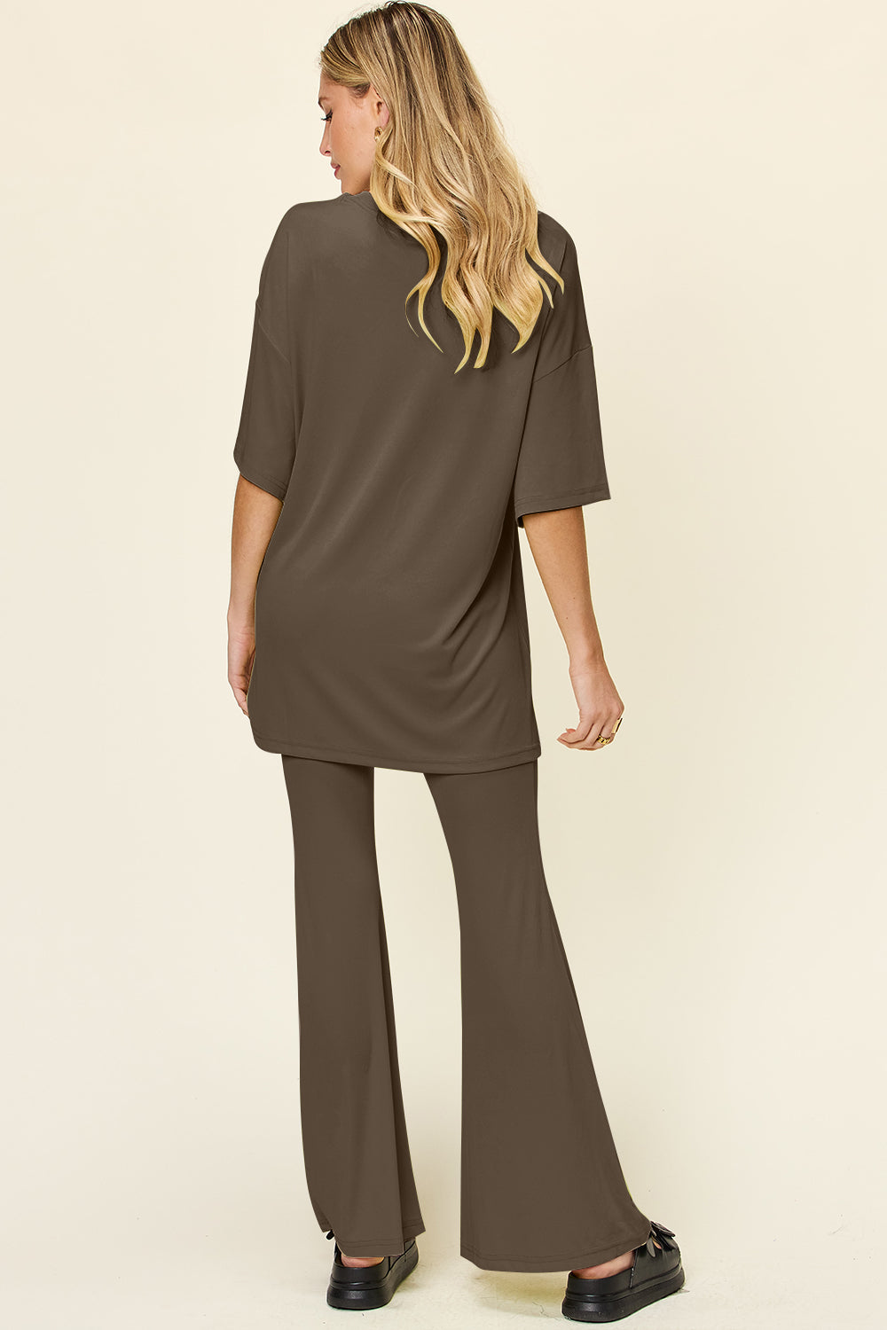 Double Take Full Size Round Neck Drop Shoulder T-Shirt and Flare Pants Set - felvior