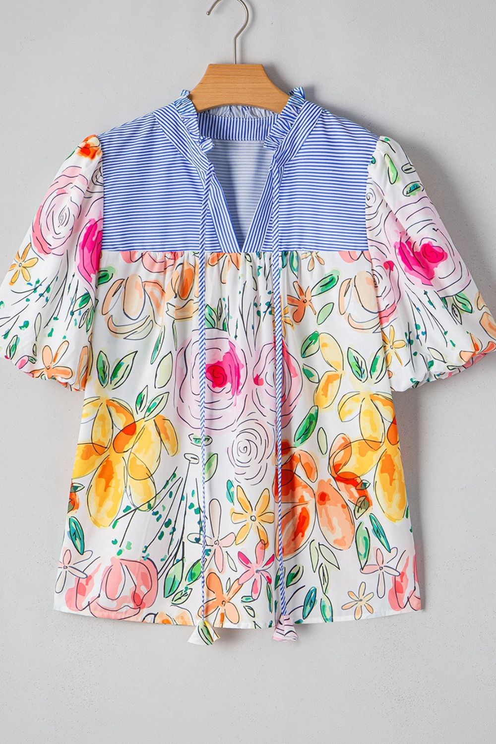 Floral Striped Yoke Frilled Tie Neck Puff Short Sleeve Blouse - felvior