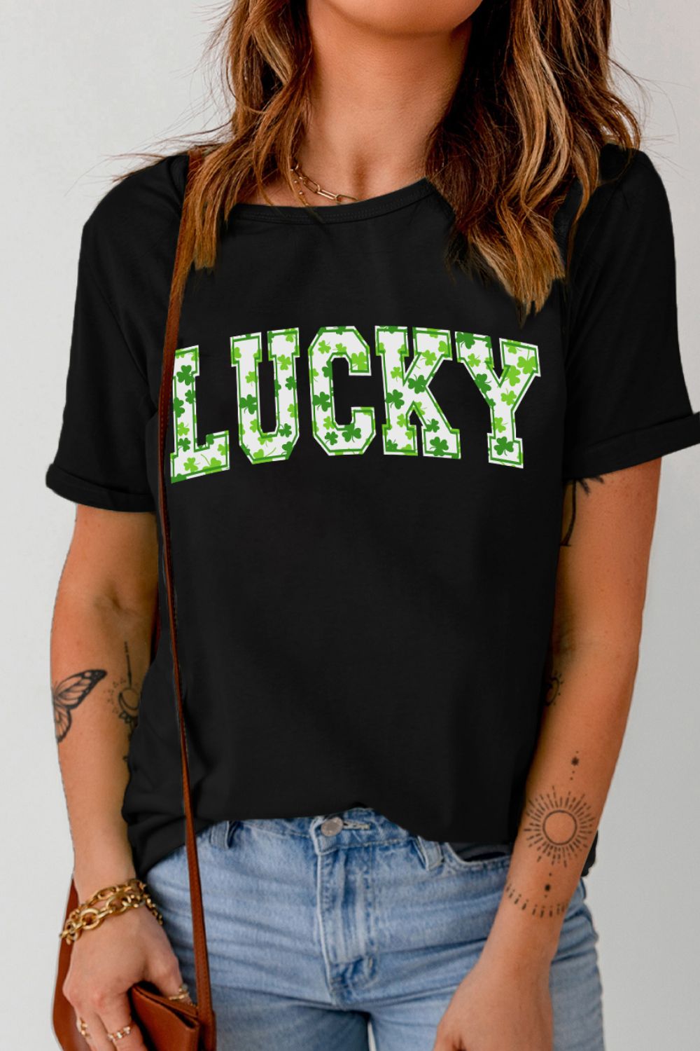 LUCKY Letter Clover Short Sleeve T-Shirt Hauptbild