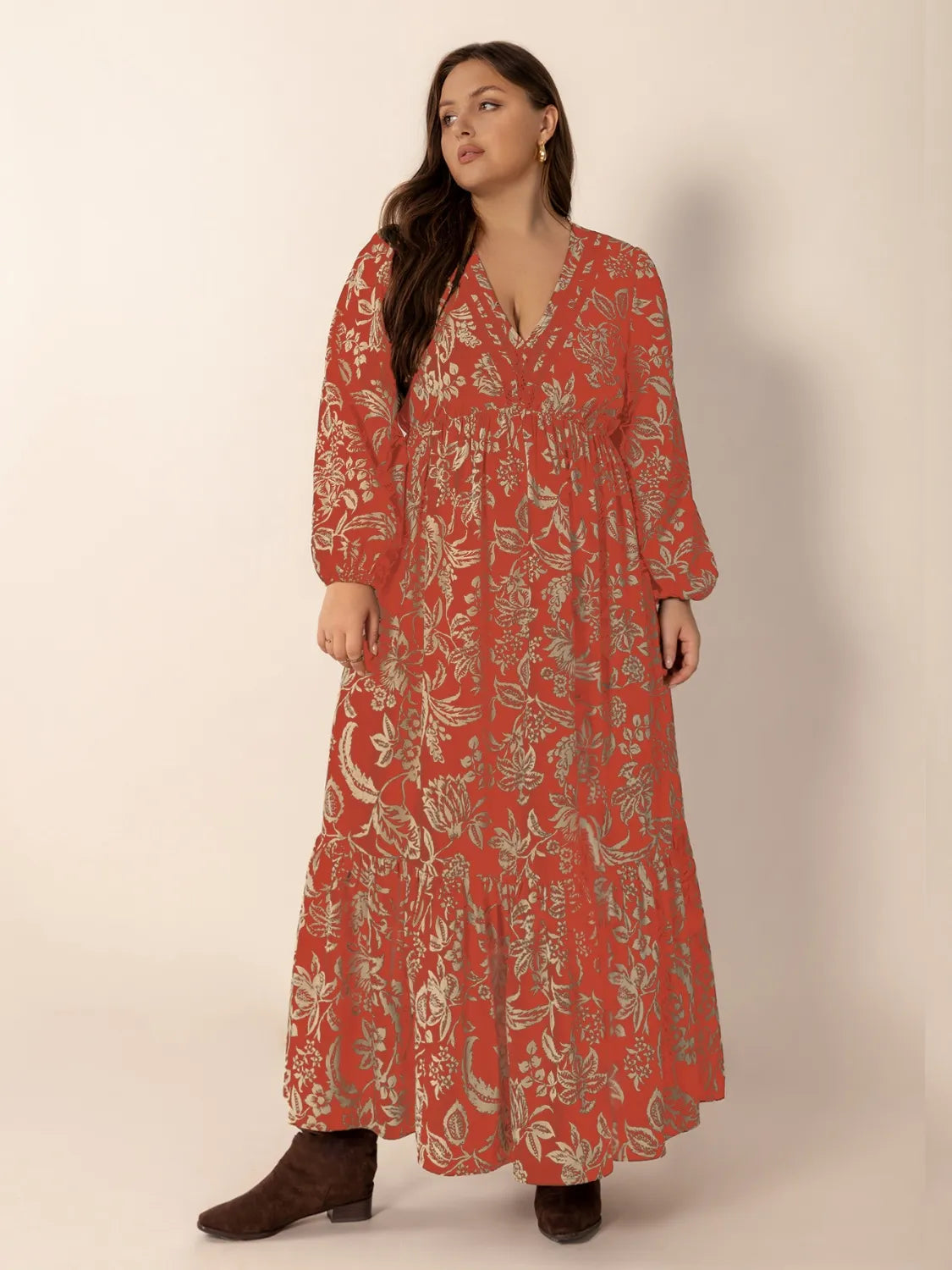 Plus Size Lace Detail Printed Balloon Sleeve Midi Dress