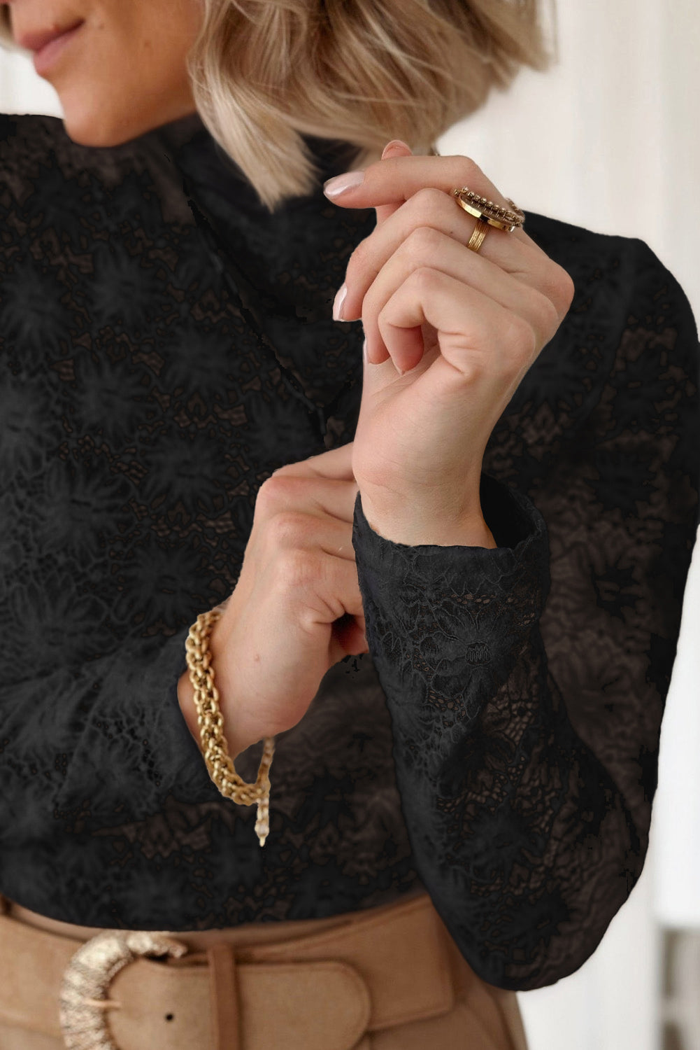 Lace Mock Neck Long Sleeve Blouse - felvior