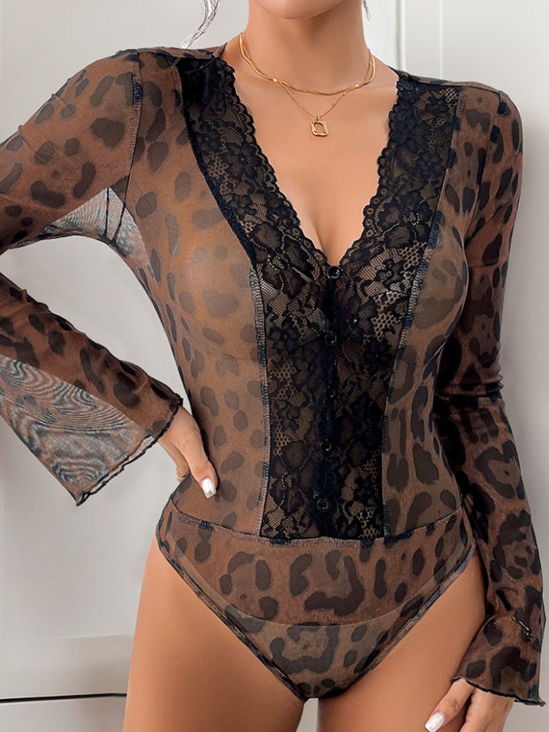 Perfee Leopard V-Neck Lace Bodysuit - felvior
