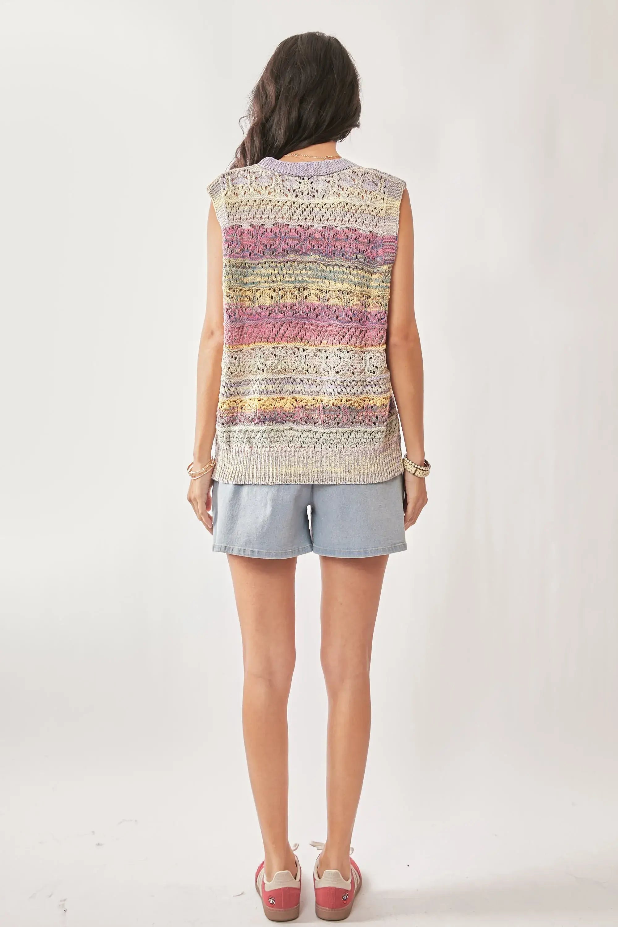 Davi & Dani Multi Color Crochet Sleeveless Knit Vest Top