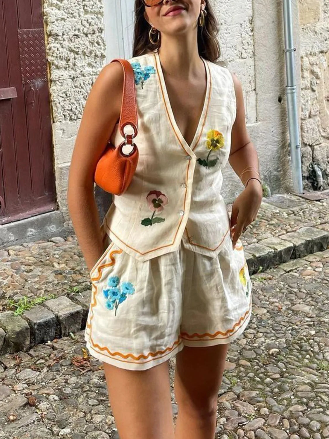 Embroidered V-Neck Vest and Shorts Set - felvior