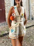 Embroidered V-Neck Vest and Shorts Set - felvior