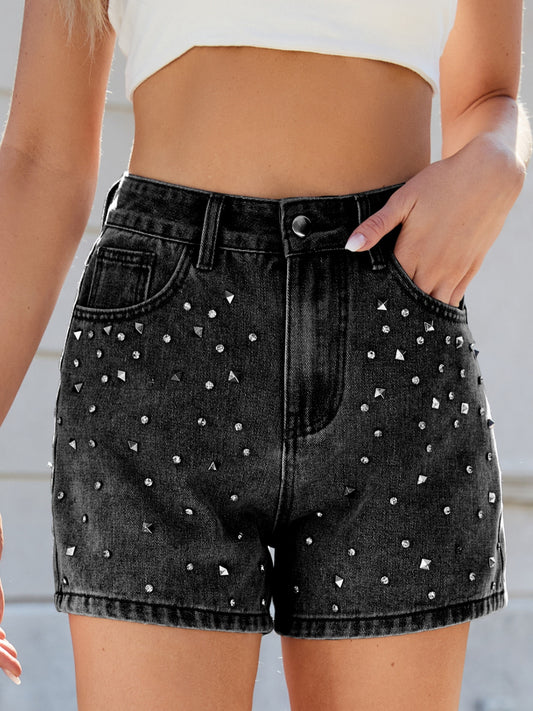 Rhinestone Washed High Waist Denim Shorts - felvior