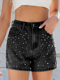 Rhinestone Washed High Waist Denim Shorts - felvior