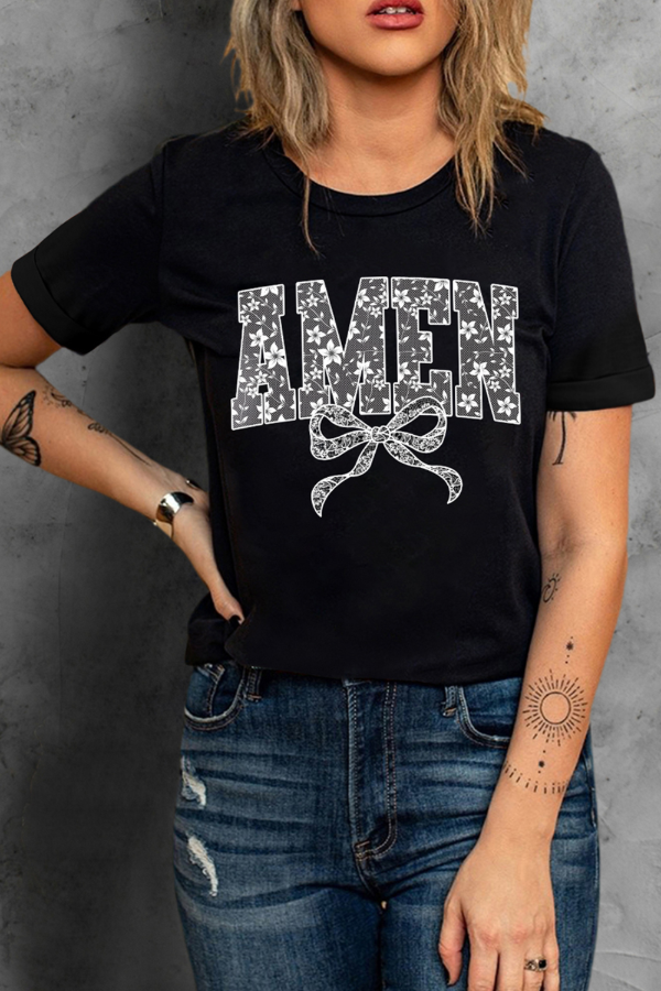 AMEN Bow Round Neck Short Sleeve T Shirt