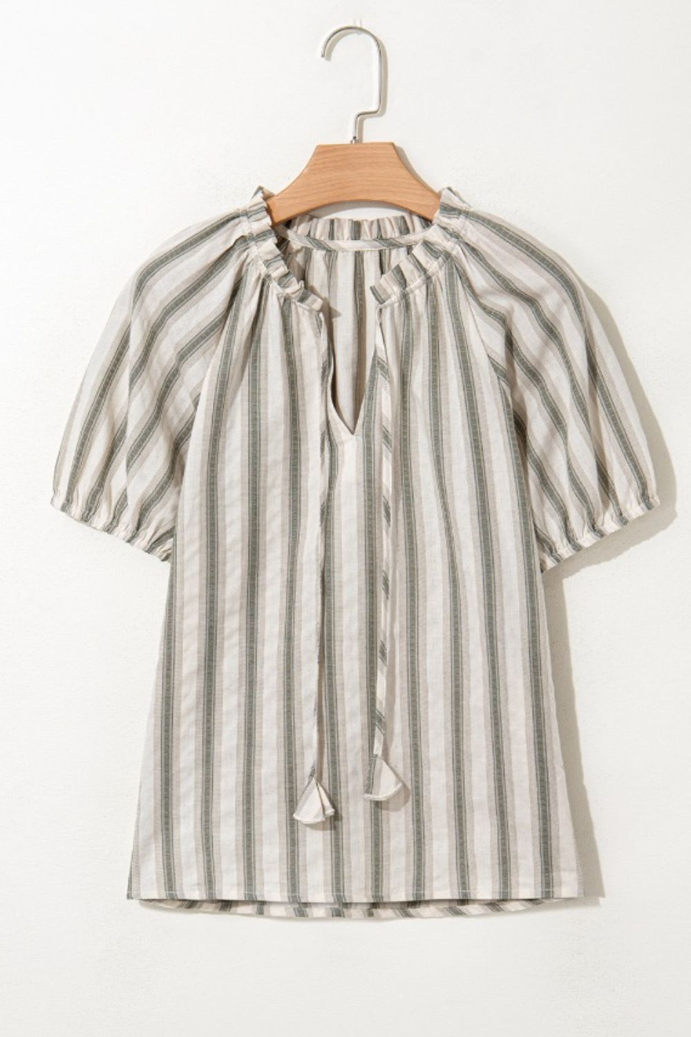 Stripe Frilled Tie Neck Short Sleeve Blouse