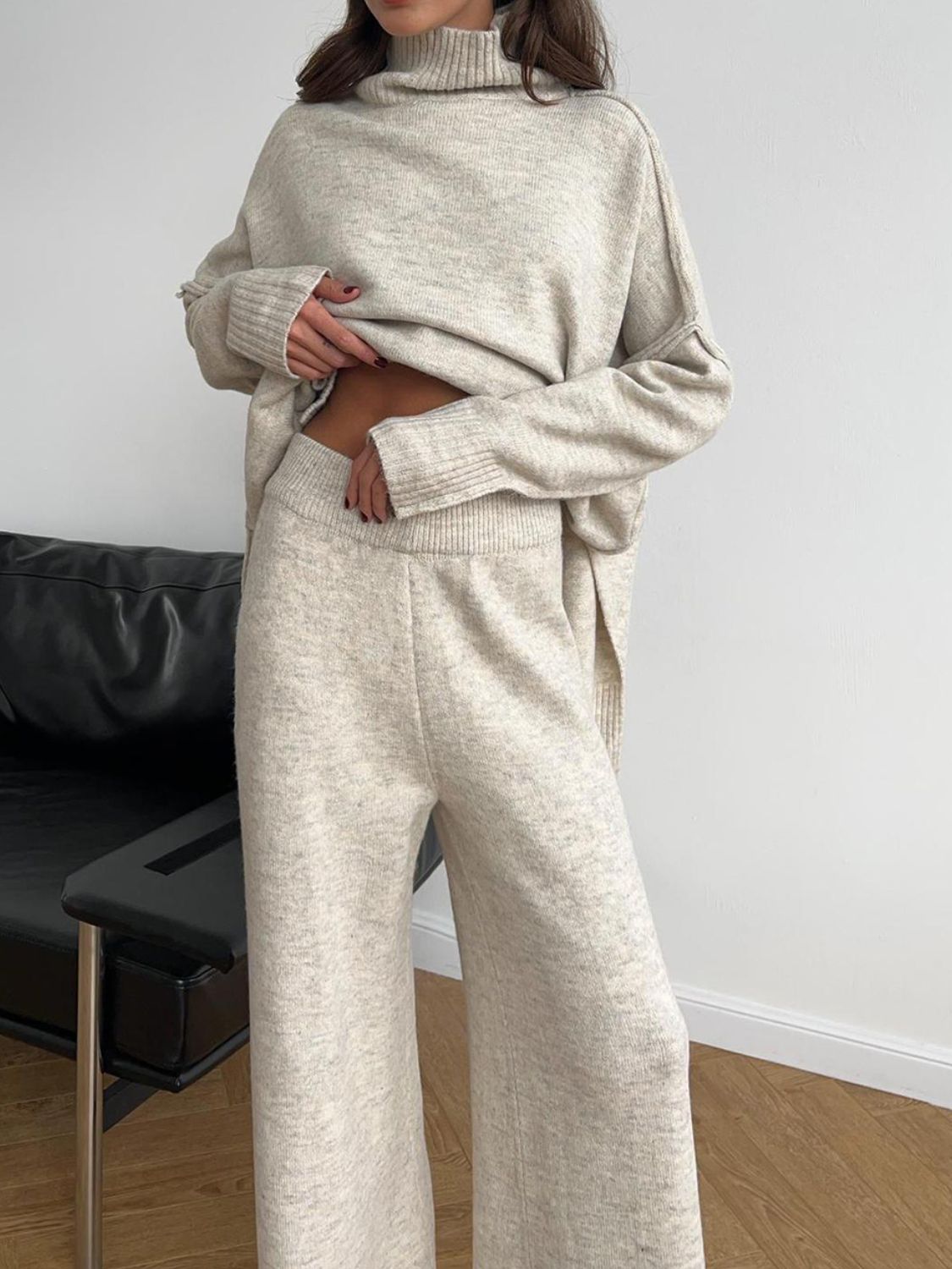 Slit Turtleneck Long Sleeve Top and Pants Sweater Set - felvior