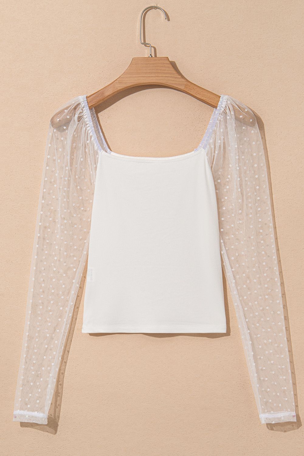Swiss Dot Mesh Long Sleeve Square Neck Slim Top - felvior