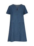 Full Size Notched Short Sleeve Denim Dress - felvior