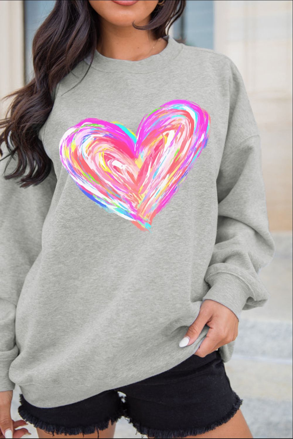 Valentine’s Day Heart Round Neck Drop Shoulder Sweatshirt - felvior
