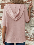 Drawstring Waffle-Knit Short Sleeve Hooded Top