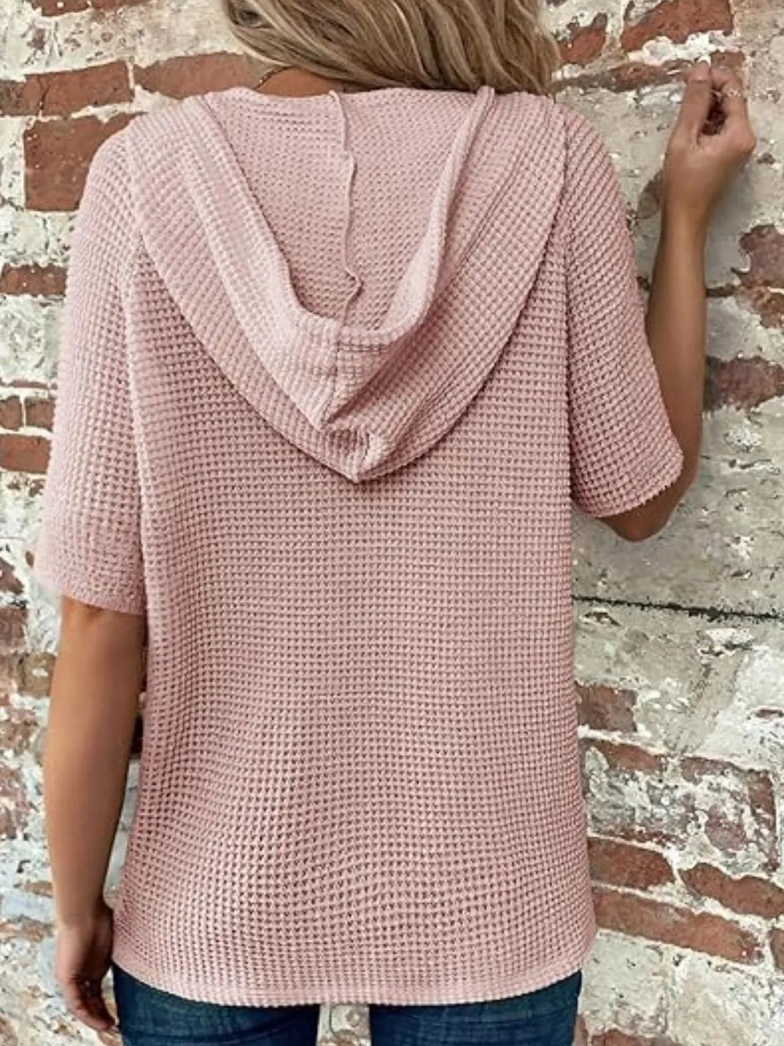 Drawstring Waffle-Knit Short Sleeve Hooded Top