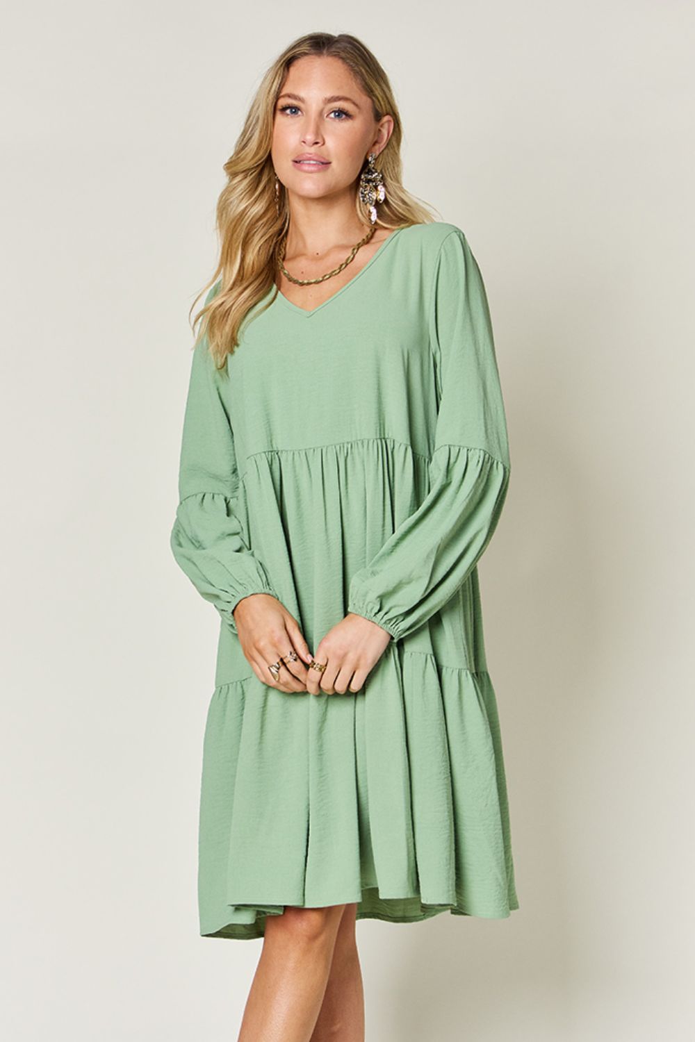 Double Take Full Size V-Neck Balloon Sleeve Tiered Dress with Pockets - felvior