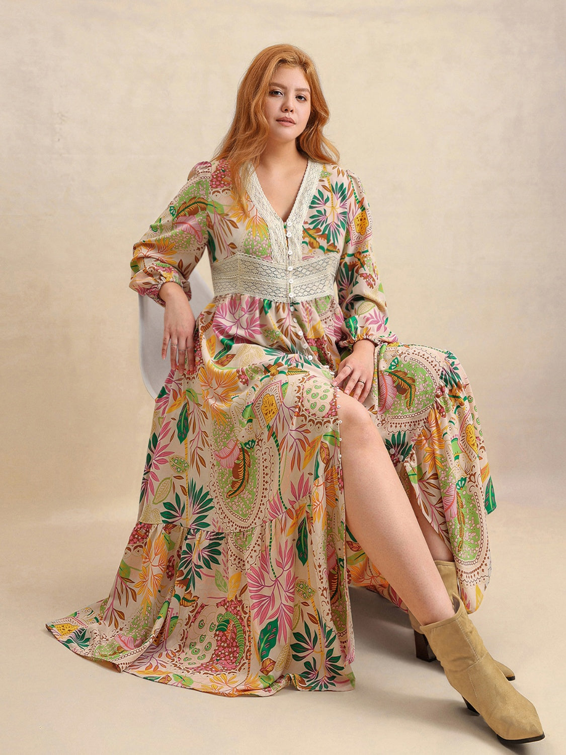 Plus Size Lace Detail Printed V-Neck Balloon Sleeve Dress - felvior