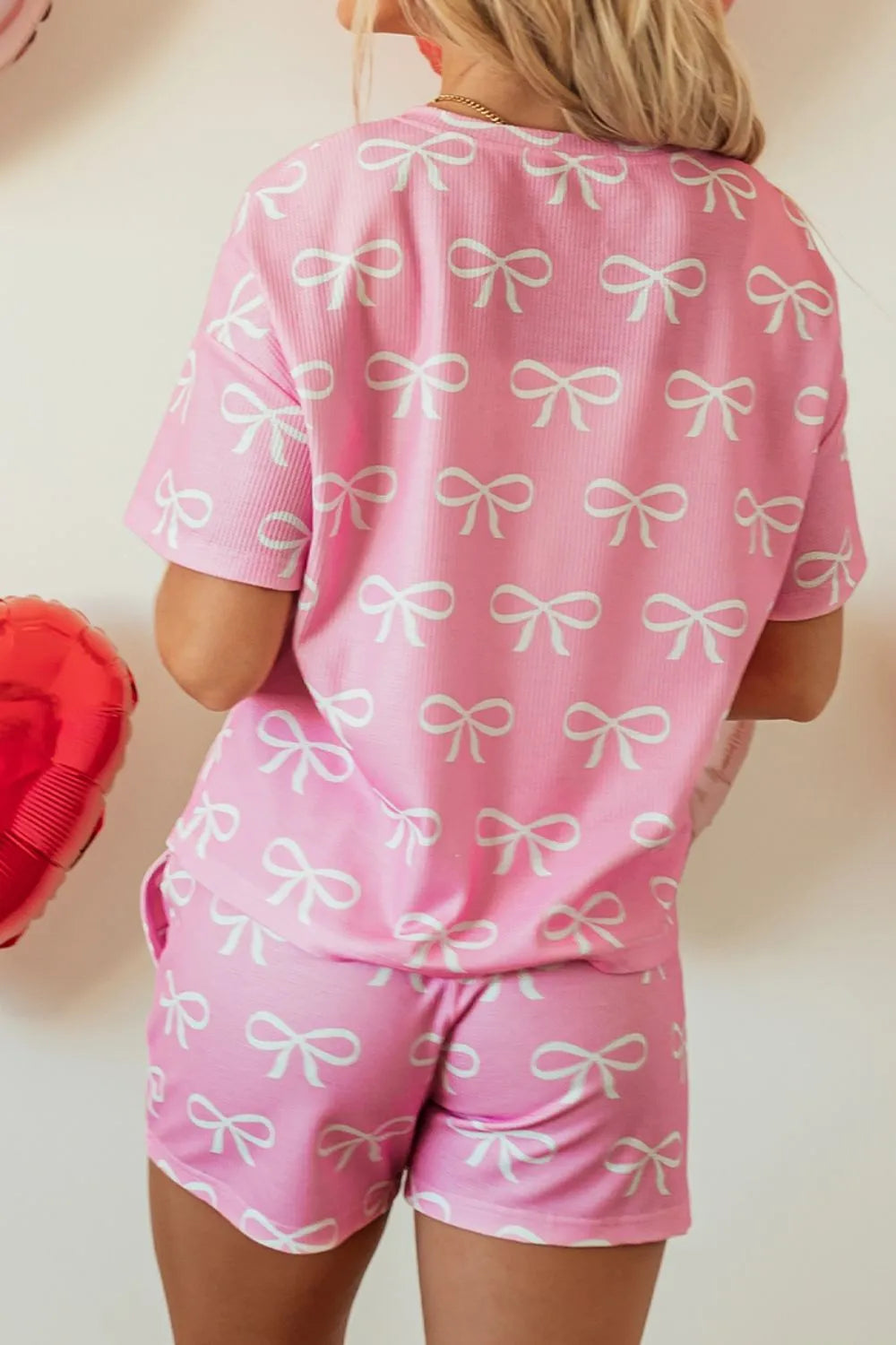 Bowknot Printed Notched T-Shirt and Shorts Set