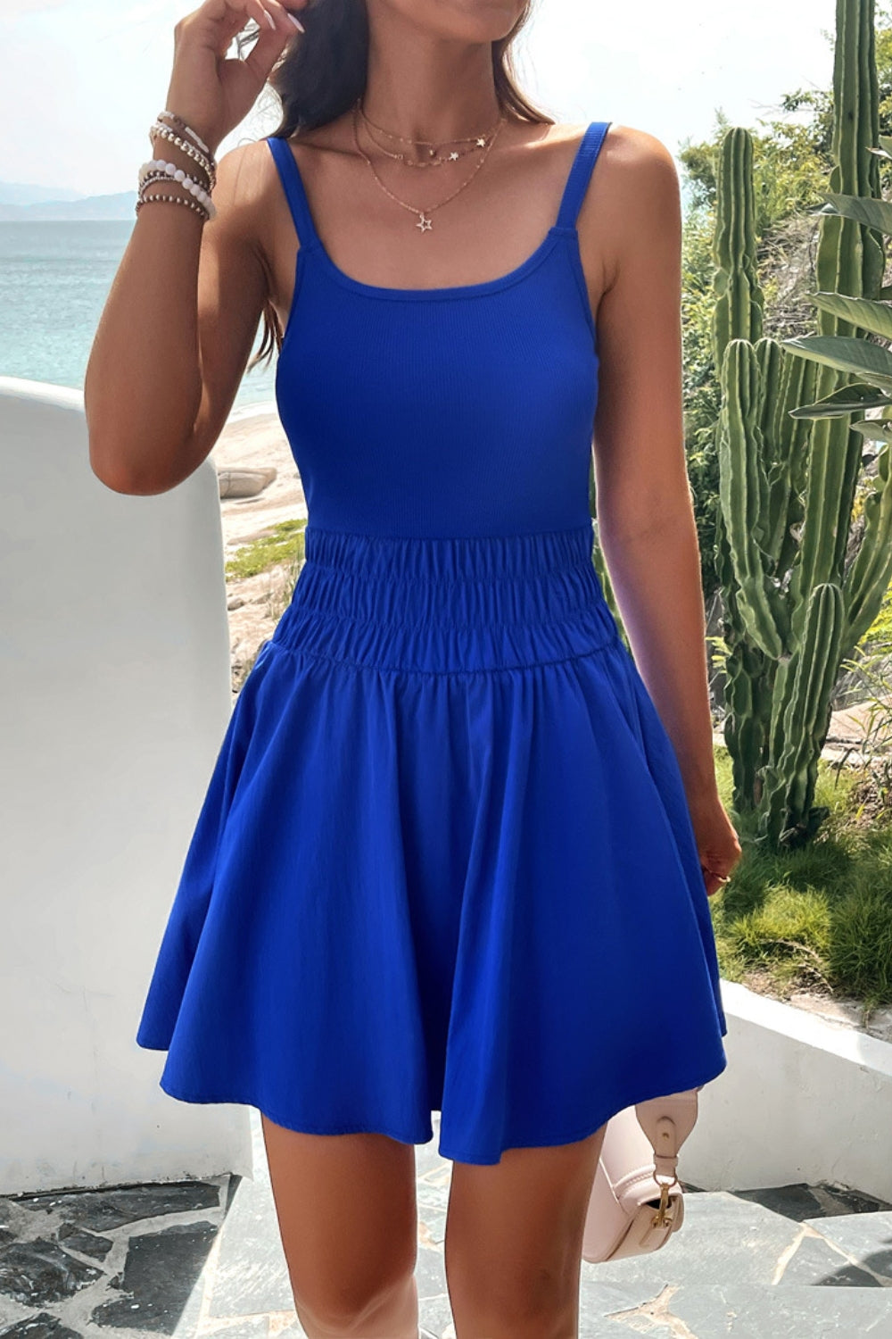Devine Smocked Scoop Neck Mini Cami Dress - felvior