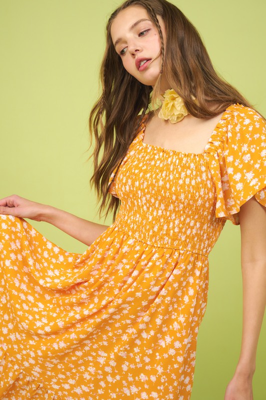 Mittoshop Flower Print Flutter Sleeve Smocked Midi Dress - felvior
