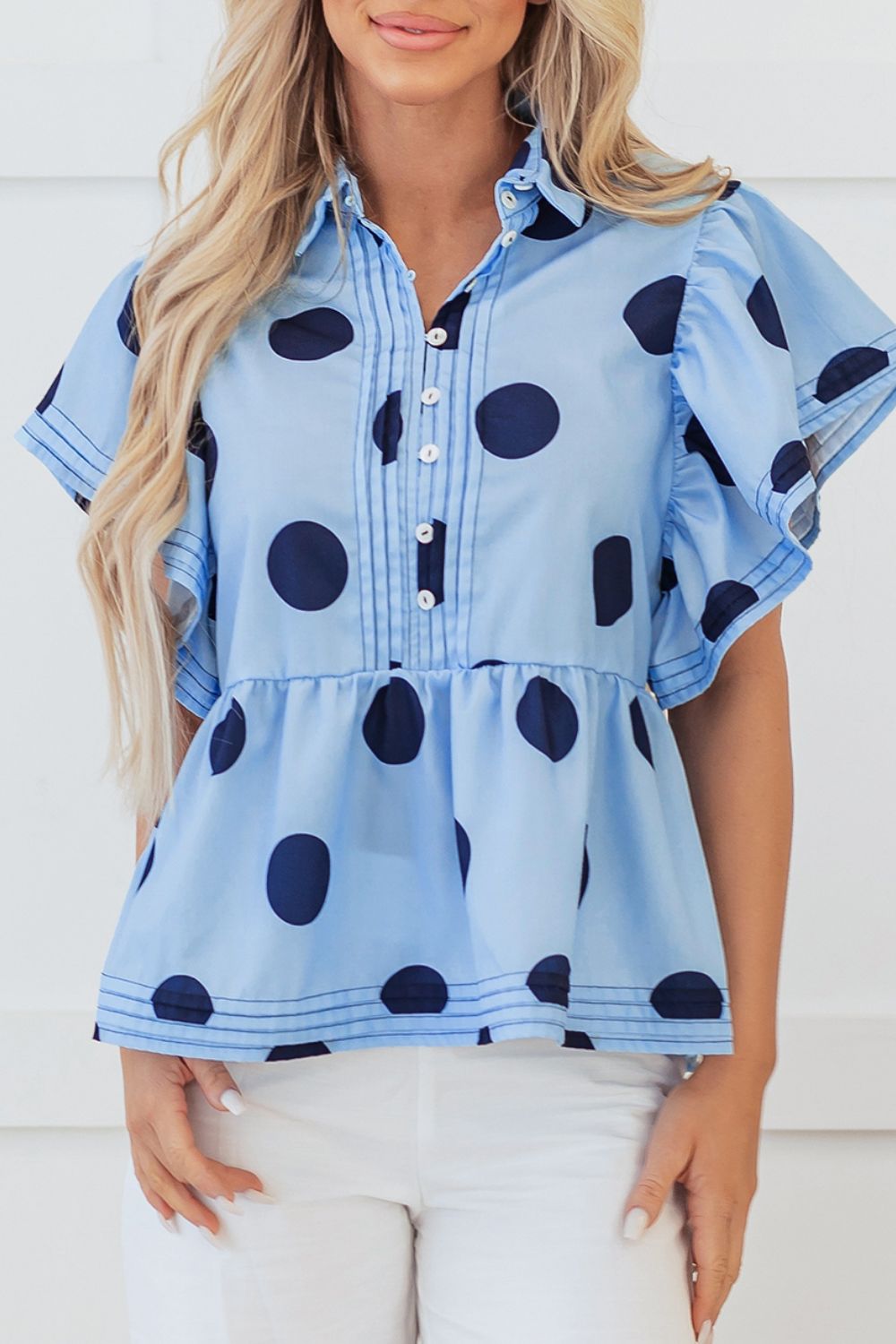 Polka Dot Print Ruffled Short Sleeve Buttoned Collared Blouse - felvior