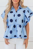 Polka Dot Print Ruffled Short Sleeve Buttoned Collared Blouse - felvior