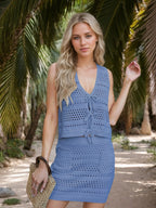 Openwork V-Neck Top and Skirt Knit Cover Up Set