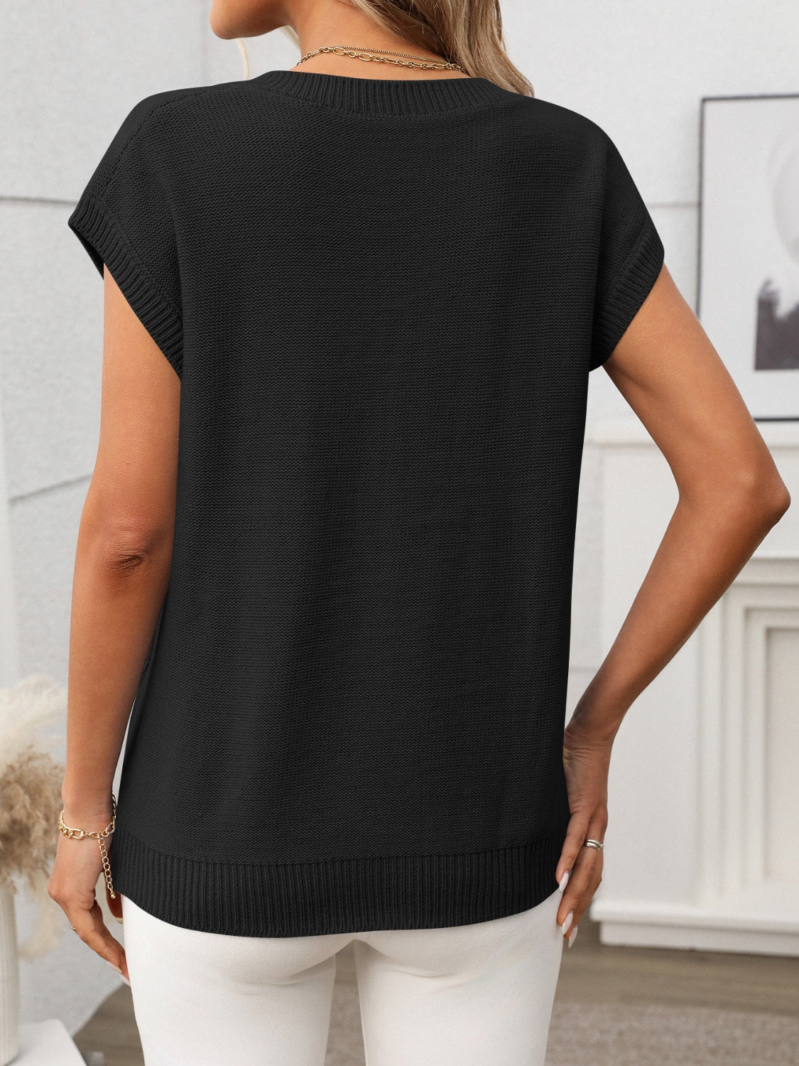 Cable-Knit V-Neck Short Sleeve Knit Top - felvior