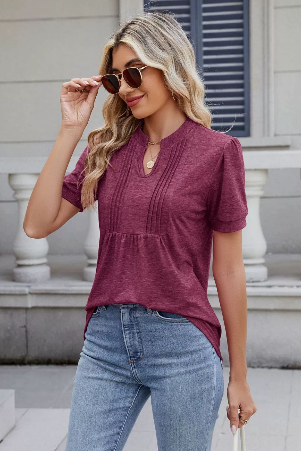 Notched Short Sleeve Solid Color Top
